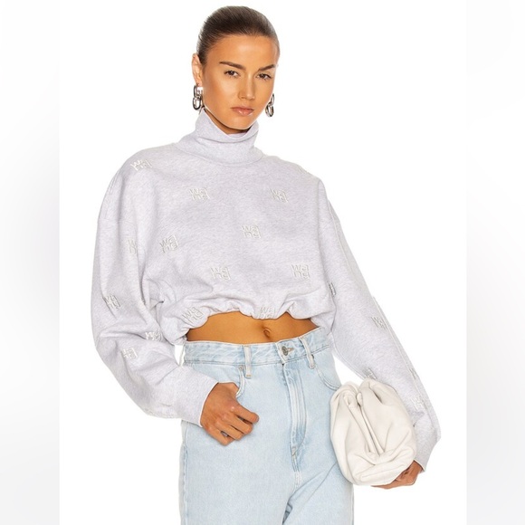 Alexander Wang All Over Logo Embroidery Monogram Turtleneck Sweatshirt Crop Top - Picture 1 of 17